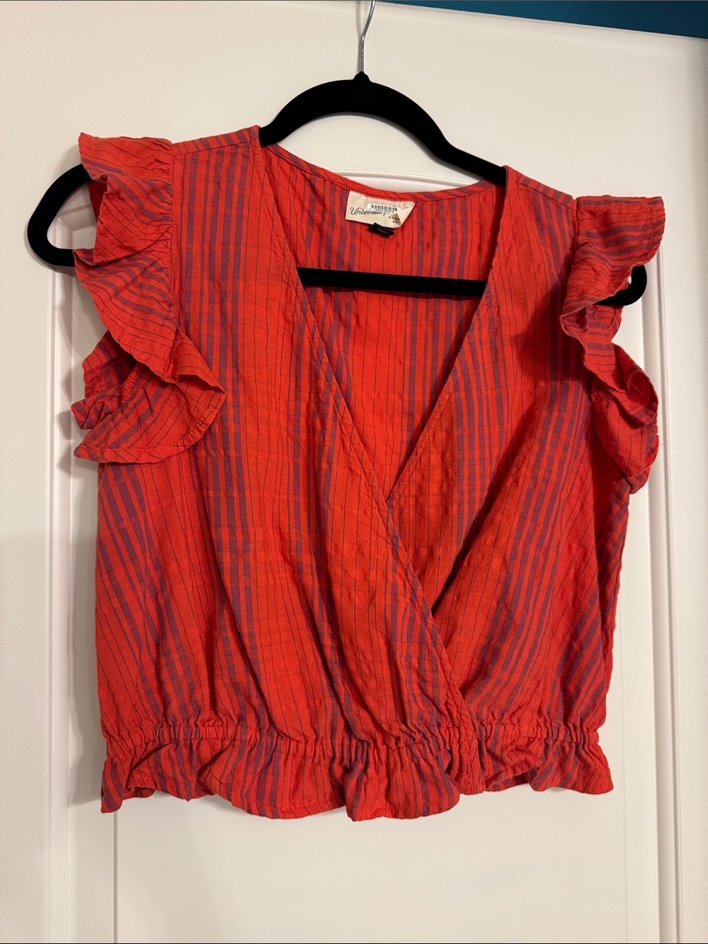 Velvet by Graham & Spencer Coral Red and Blue Striped Ruffle Wrap Camisole